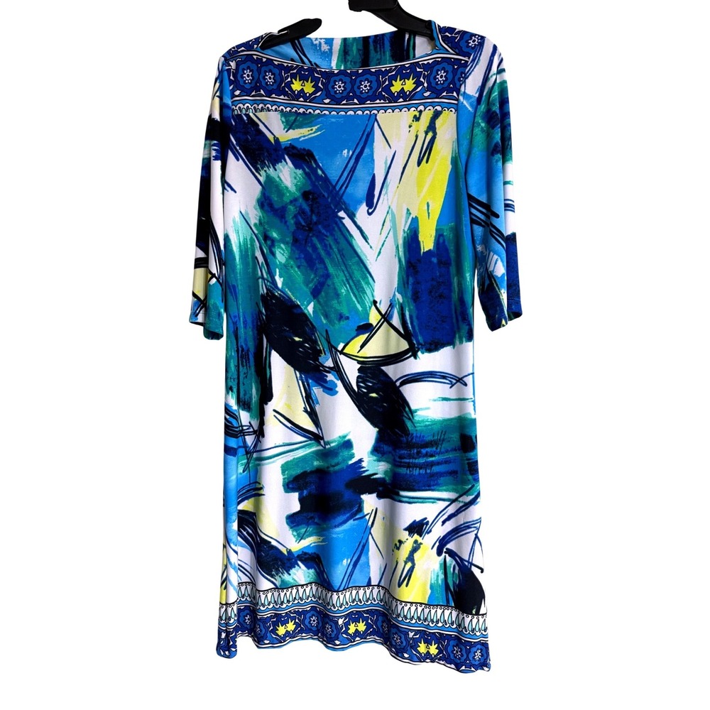 Kupcake Abstract Print Tunic Dress Women Medium Blue‎ Green Yellow Boat Neck